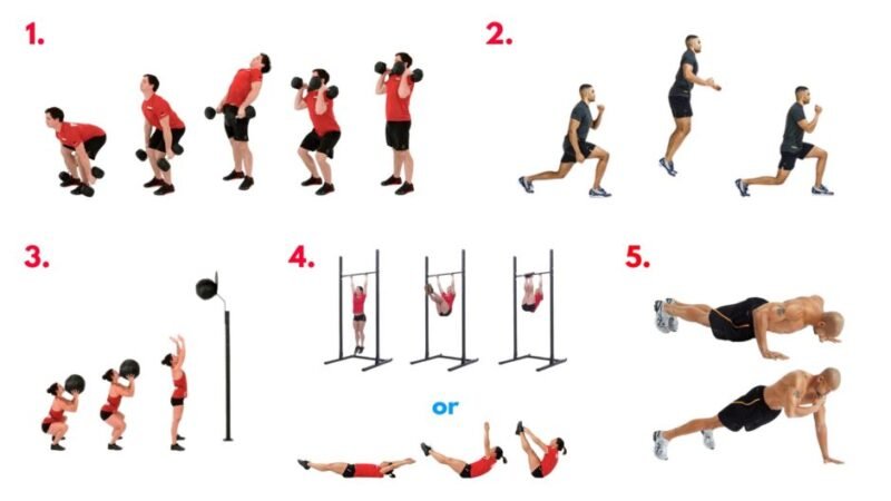 Tactical EMOM conditioning from the Blade Workout – dumbbell power cleans, wall balls, jumping lunges, and core work to build agility, durability, and explosive strength.