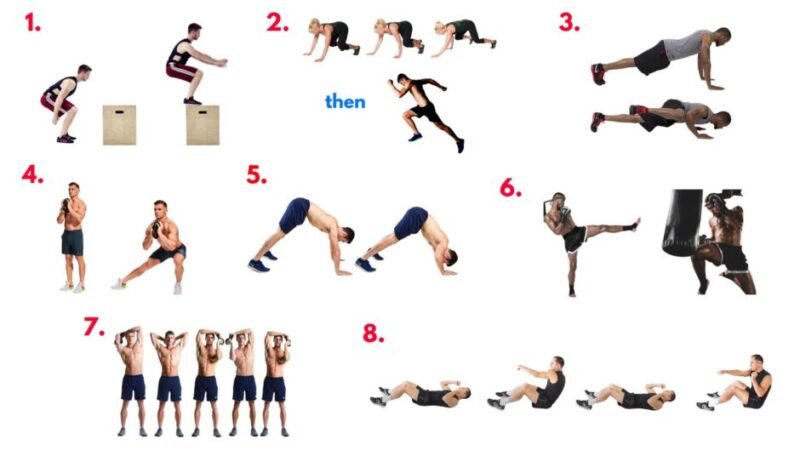 Combat mobility circuit from the Blade Workout – featuring box jumps, bear crawls, Spiderman push-ups, kettlebell halos, and Muay Thai shadow boxing to develop agility, endurance, and fight-ready movement.