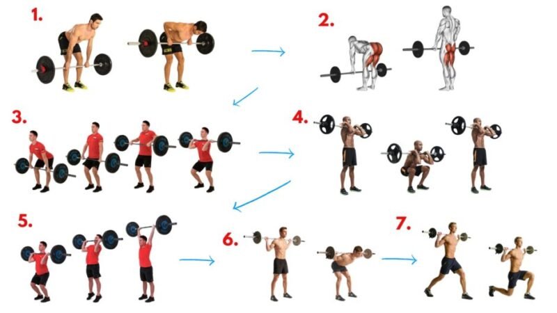 Barbell or dumbbell complex from the Blade Workout – Romanian deadlifts, cleans, squats, presses, and rows for muscular endurance, flow, and sustained combat conditioning