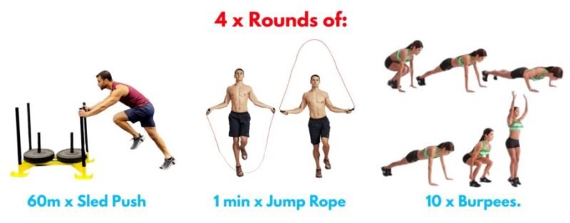 Descending ladder workout from the Blade Workout – kettlebell cleans, box jumps, snatches, sprints, and drags to test endurance, grit, and real-world toughness.