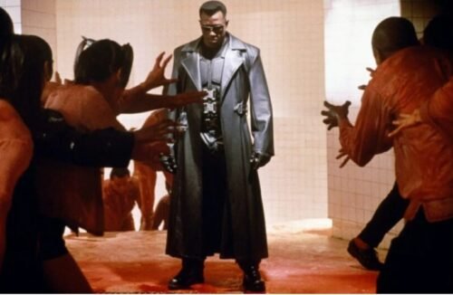 Iconic blood shower scene from the 1998 Marvel film Blade starring Wesley Snipes