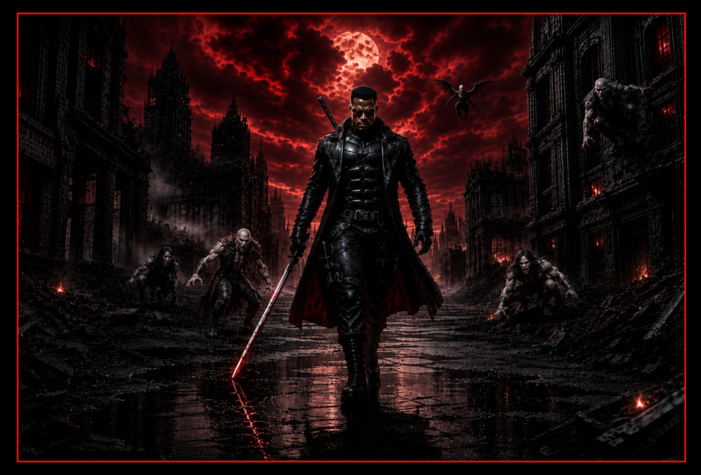 Blade battles vampires in a grim wasteland – Header image for Marvel-inspired Blade Workout post