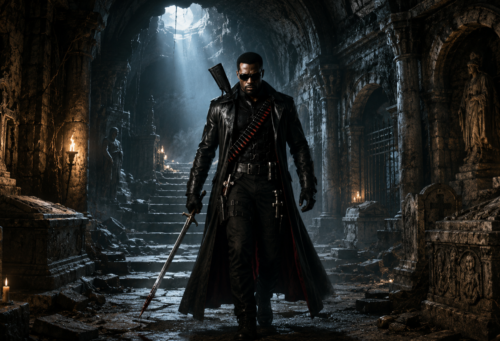 Cinematic high-intensity scene of vampire hunter Blade, standing before an ancient vampire crypt.