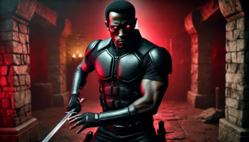 Cinematic high-intensity scene of vampire hunter Blade, standing before an ancient vampire crypt with vampiric eyes glowing.