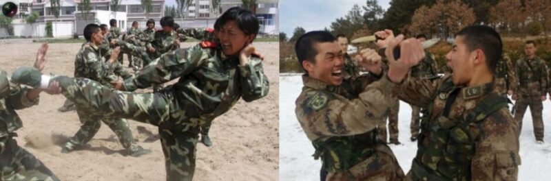 Chinese soldiers in combat fatigues engage in Junshi Sanda training inside a simulated combat environment, executing kicking techniques and counterattacks.