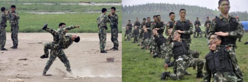 A large formation of Chinese military personnel drills Sanda combinations in unison, practicing striking without pads and executing lethal grappling techniques under the supervision of instructors, set against a backdrop of military barracks.