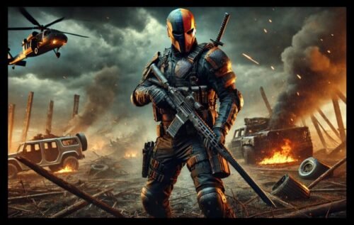 Deathstroke, DC Comics anti-hero, featured in action scene introducing the Deathstroke Workout focused on strength, conditioning, and tactical precision.