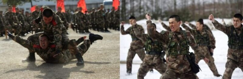 Chinese soldiers in combat fatigues perform hand-to-hand Sanda techniques during a military training drill, showcasing explosive strikes and close-quarters grappling in a outdoor field.