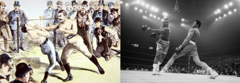 History of boxing showing John L. Sullivan in the bare-knuckle era and Muhammad Ali using modern boxing skill and movement.