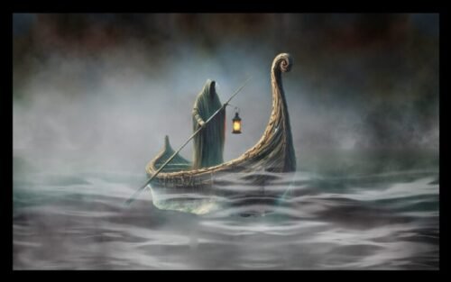 Charon ferrying souls across the River Styx, symbolising memento mori and the inevitability of death’s final crossing.