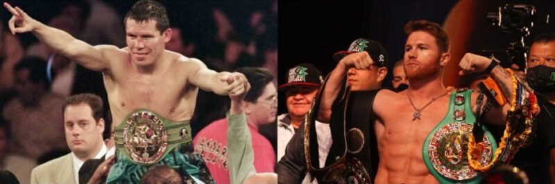 Julio César Chávez and Canelo Álvarez representing Mexico’s boxing legacy of relentless pressure, body attacks, and unbreakable warrior spirit.