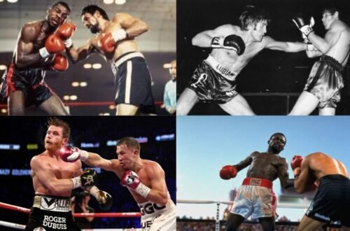Roberto Durán, Carlos Monzón, Gennady Golovkin, and Azumah Nelson representing global boxing greatness, each embodying national pride and unique fighting style.