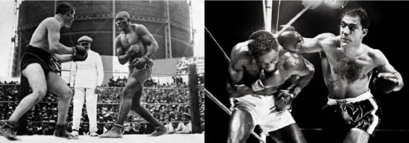 Immigrant boxers like Jack Johnson and Rocky Marciano representing how newcomers shaped American boxing, breaking barriers and chasing respect through the fight game.