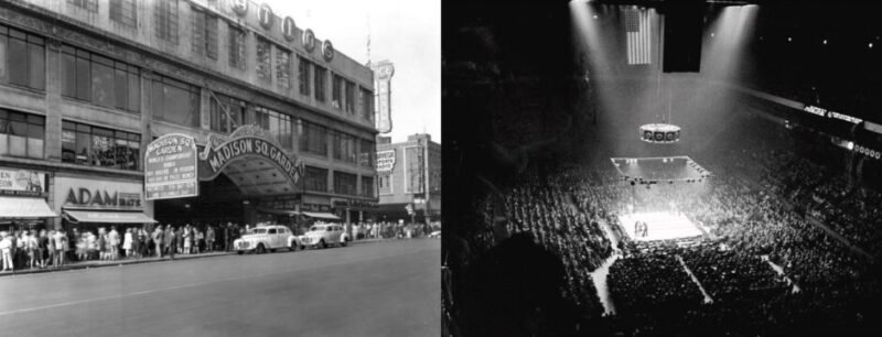Madison Square Garden hosting a packed boxing event, symbolising the sport’s transformation from smoky halls to grand stadium spectacles under the lights.
