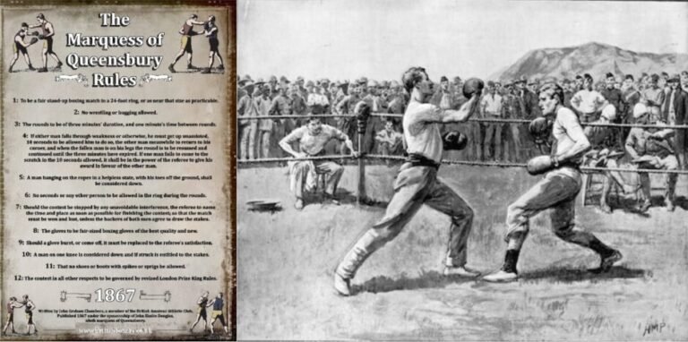 Illustration of 19th century boxers wearing gloves under the Marquess of Queensberry Rules, symbolising the evolution of prizefighting and the birth of modern boxing.