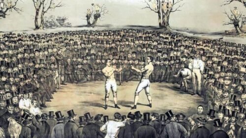 Tom Sayers and John C. Heenan fighting in the 1860 England versus America bout, the first major international boxing match of the bare-knuckle era.