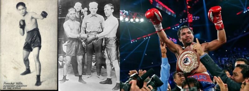 Pancho Villa’s early triumphs and Pacquiao’s modern glory illustrating the enduring fighting spirit of Filipino boxing.