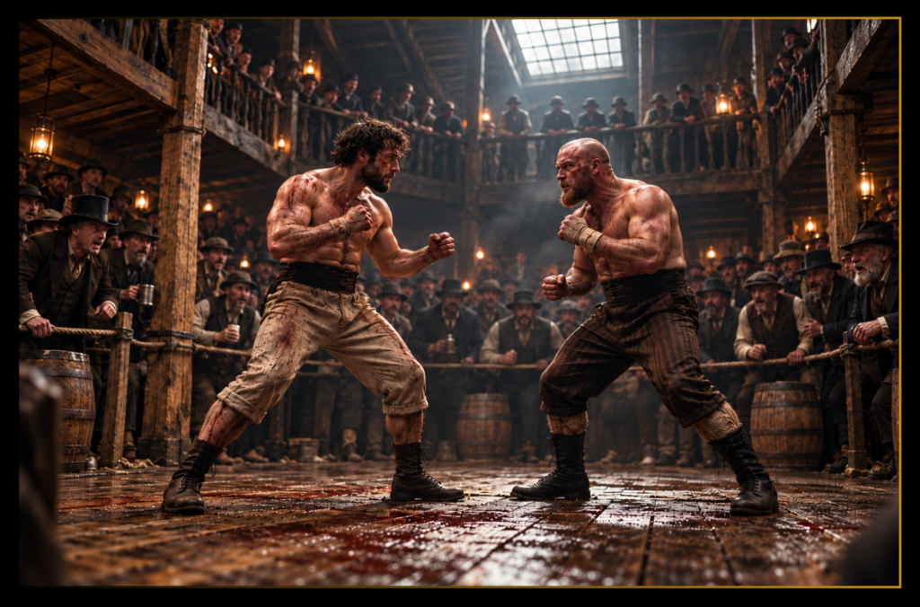 Two bare-knuckle prizefighters face off inside a crowded Victorian wooden fight hall as spectators watch from the floor and balcony.