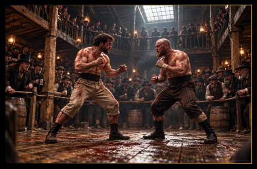 Two bare-knuckle prizefighters face off inside a crowded Victorian wooden fight hall as spectators watch from the floor and balcony.