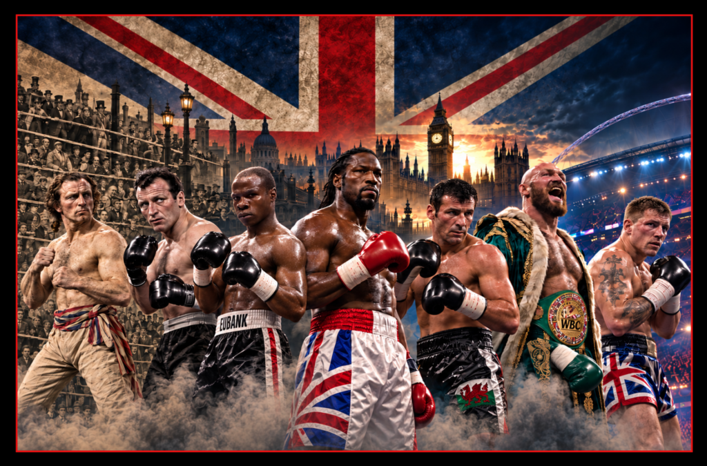British boxing history represented by an early prizefighter, Henry Cooper, Chris Eubank, Lennox Lewis, Joe Calzaghe, Tyson Fury and Ricky Hatton against a Union Jack, historic London and Wembley.