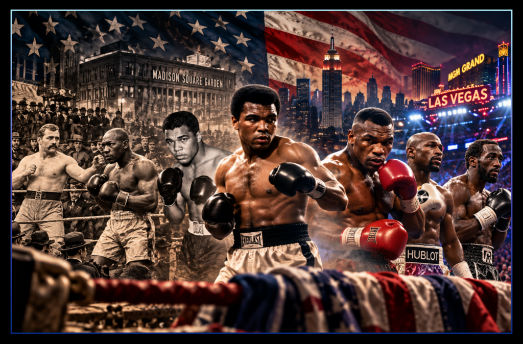 American boxing legends John L. Sullivan, Jack Johnson, Joe Louis, Muhammad Ali, Mike Tyson, Floyd Mayweather and Terence Crawford span boxing history from old New York to modern Las Vegas.