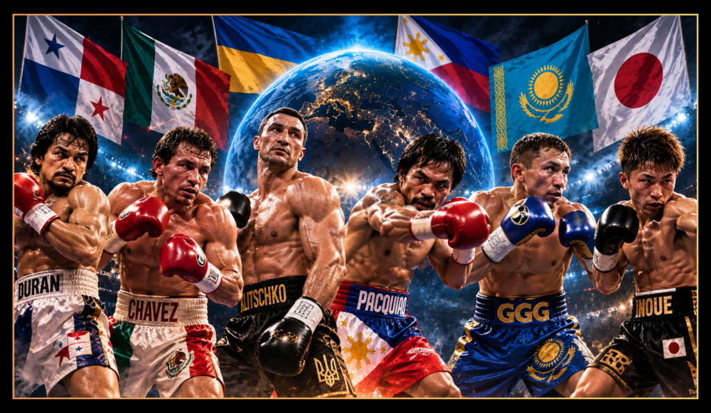 Roberto Durán, Julio César Chávez, Wladimir Klitschko, Manny Pacquiao, Gennady Golovkin and Naoya Inoue represent major international boxing traditions beneath a globe and national flags.