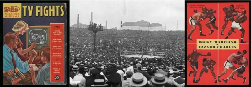 Vintage issue of The Ring magazine and Dempsey-Carpentier boxing match highlighting boxing’s growing popularity in the 1900s.