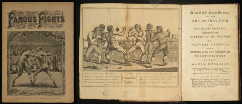 18th Century boxing poster and Victorian era fighting manual showcasing early prizefighting promotion and training.