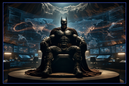 Batman workout inspired by the comics and movies of Gothams Dark Knight Detective. Image shows Batman in the Batcave monitoring crime in Gotham City.