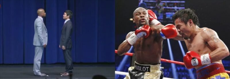 Floyd Mayweather and Manny Pacquiao facing off in the richest fight in boxing history, symbolising the modern billion-dollar prizefight era.
