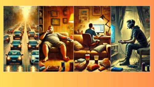Montage showing people sitting for long hours gaming, working on laptops, and binge-watching TV, symbolising modern sedentary lifestyles and digital apathy.