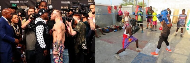 Mayweather–McGregor superfight and young boxers training in humble gyms symbolising the contrasting future of global boxing.