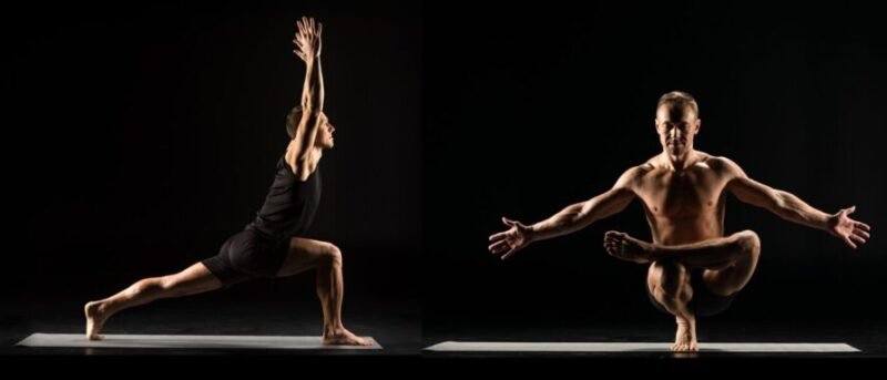 Comparison of beginner and advanced yoga poses, representing the adaptability of yoga to different abilities and goals.