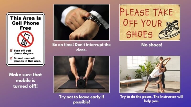 Image representing yoga class etiquette — punctuality, respect for the instructor, and keeping the training space clean.