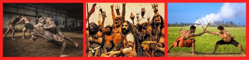 Historical depiction of India’s warrior-yogi heritage — Naga Sadhu ascetics, Kalaripayattu fighters, and akhara trainees combining yoga, combat, and spiritual discipline.