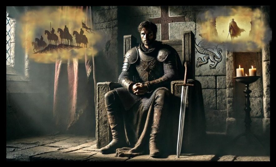 King Arthur seated on his throne, representing the weary warrior king. Visions of his past battles and the united realm appear to his left, and a prophecy of his return to come lies to his right.