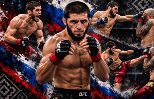 Islam Makhachev in a fighting stance with victory, punching and kicking action in distressed Russian-inspired fight artwork.