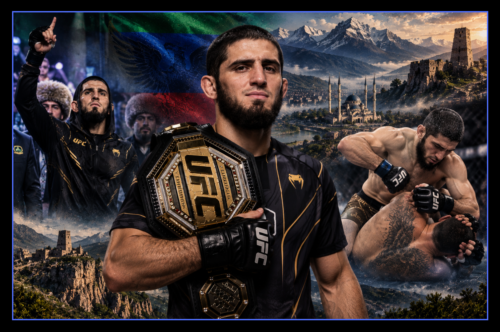 Islam Makhachev UFC champion montage with championship belt, victory and fight action against dramatic Dagestan scenery.