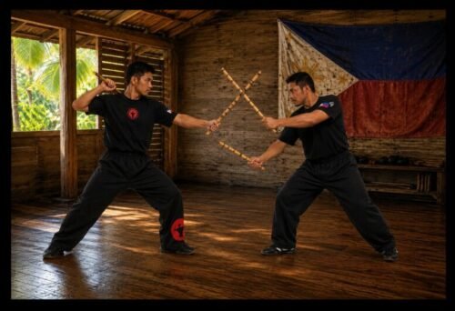 Filipino martial artists practising Arnis with rattan sticks during a traditional stick-fighting demonstration.