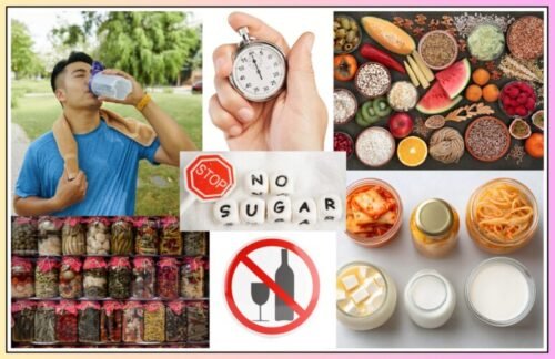 Montage showing everyday habits that support gut health, including hydration, balanced meals, movement, and recovery.