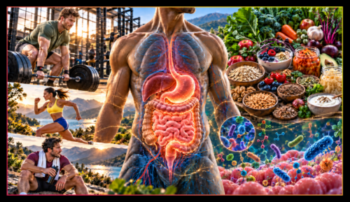 Illustration representing gut health as the internal system that supports energy, recovery, and peak physical performance.