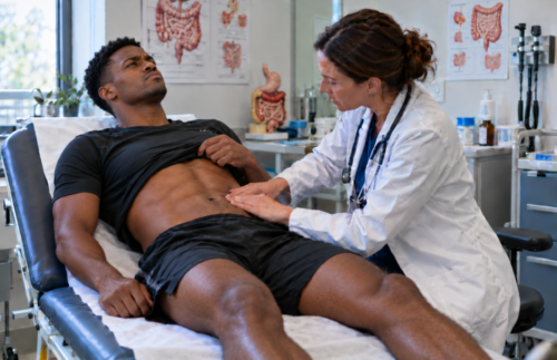 Female doctor palpating the abdomen of a younger brown-haired male athlete lying on a medical examination couch, with the patient showing mild discomfort.