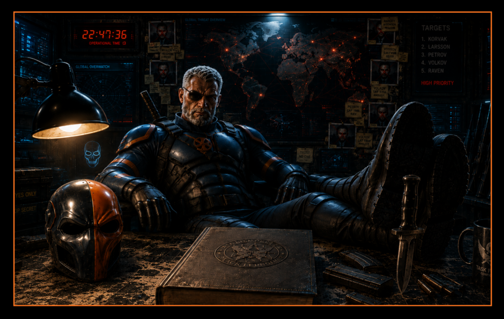 Slade Wilson (Deathstroke) sits inside a high-tech black ops command centre surrounded by weapons, intelligence screens, target maps, and a mysterious black ledger during the Deathstroke-inspired workout header image.
