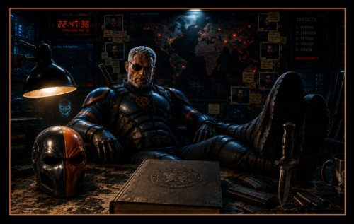Slade Wilson (Deathstroke) sits inside a high-tech black ops command centre surrounded by weapons, intelligence screens, target maps, and a mysterious black ledger during the Deathstroke-inspired workout header image.