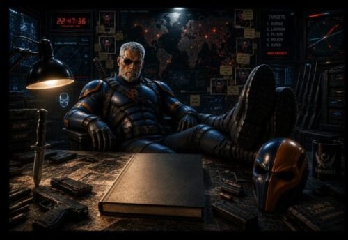 A grizzled tactical operative in blue and orange combat armour sits inside a high-tech black ops command centre surrounded by weapons, intelligence screens, target maps, and a mysterious black ledger during the Deathstroke-inspired workout header image.