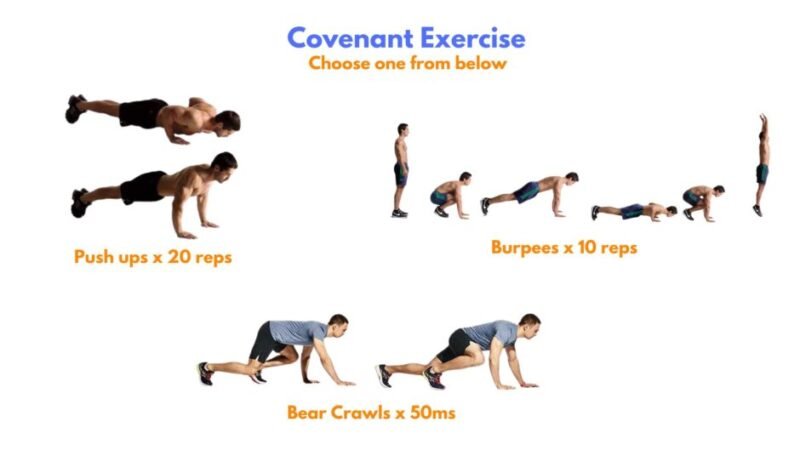 Mandatory burpee or jump squat volume before each round, combined with kettlebell lifts, suspension exercises, carries, and loaded conditioning work.