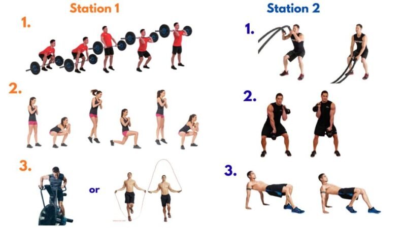 Power cleans, jump lunges, agility drills, kettlebell complexes, sprints, and explosive transitions combining strength and speed.