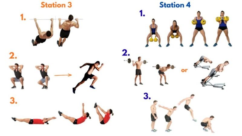 Mandatory burpee or jump squat volume before each round, combined with kettlebell lifts, suspension exercises, carries, and loaded conditioning work.