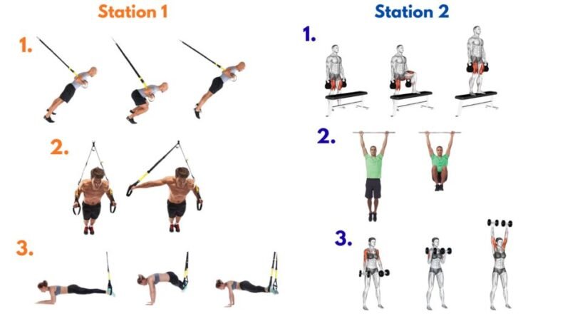 Mandatory burpee or jump squat volume before each round, combined with kettlebell lifts, suspension exercises, carries, and loaded conditioning work.
