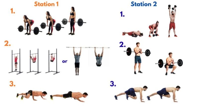 Barbell deadlifts, sandbag lifts, crawls, carries, tempo push-ups, and a descending slam-and-burpee ladder targeting foundational strength and work capacity.